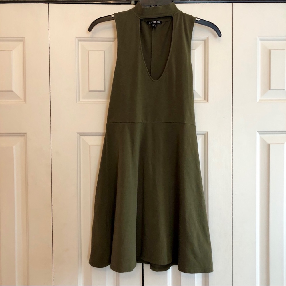 Express Olive Green Dress Deep V Chest Cutout
